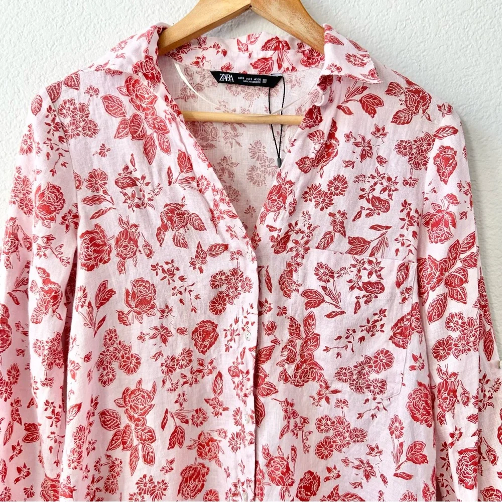 Zara Button Down Long Sleeve Floral Linen Size Small - Picture 7 of 9